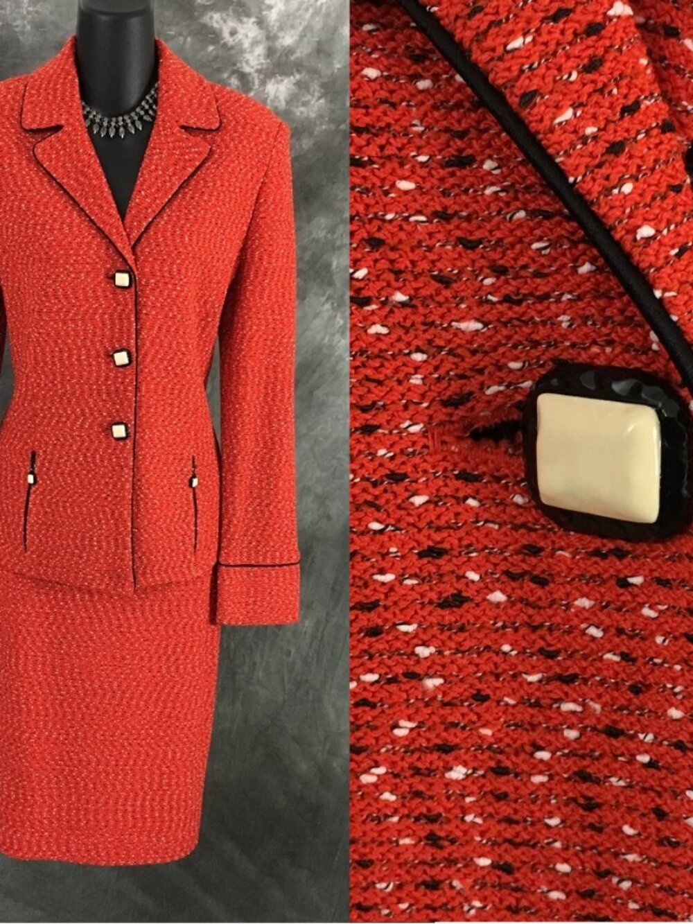 BEAUTIFUL St John collection knit orange black multi jacket skirt suit 8